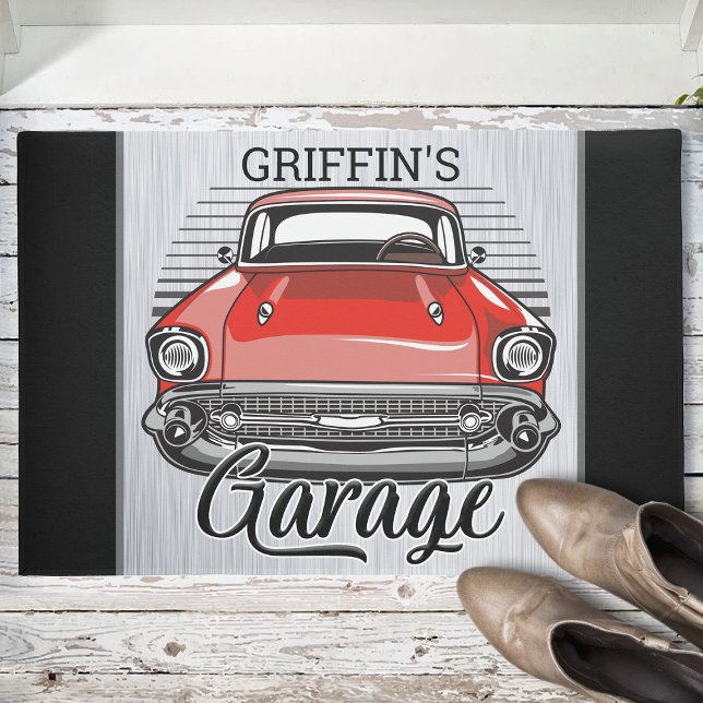 Personalised NAME Retro Red Classic Car Garage Doormat (Creator Uploaded)