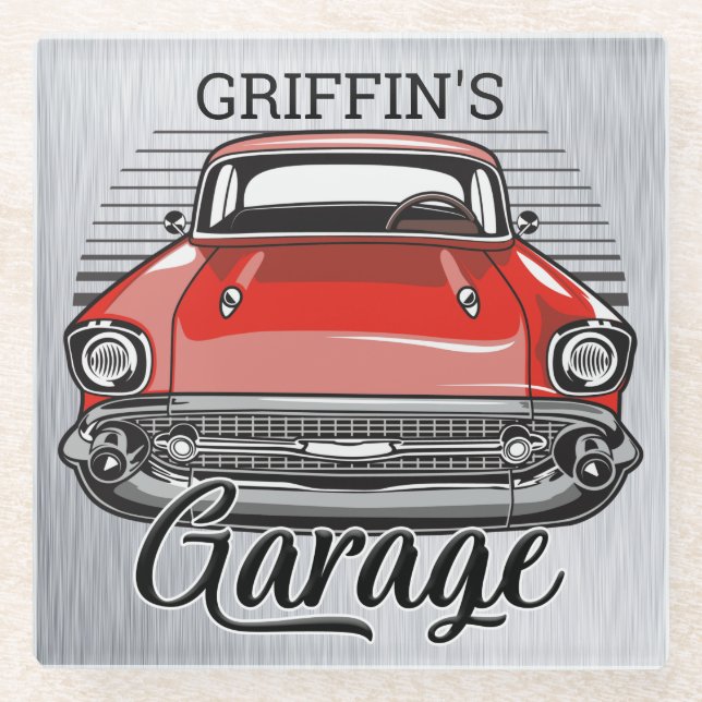 Personalised NAME Retro Red Classic Car Garage Glass Coaster (Front)