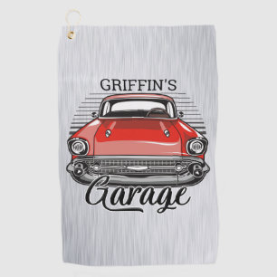 Personalised NAME Retro Red Classic Car Garage Golf Towel