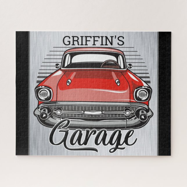 Personalised NAME Retro Red Classic Car Garage Jigsaw Puzzle (Horizontal)