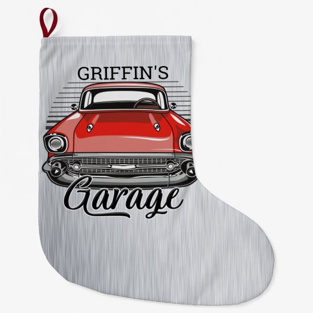 Personalised NAME Retro Red Classic Car Garage Large Christmas Stocking (Front)
