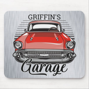 Personalised NAME Retro Red Classic Car Garage Mouse Pad