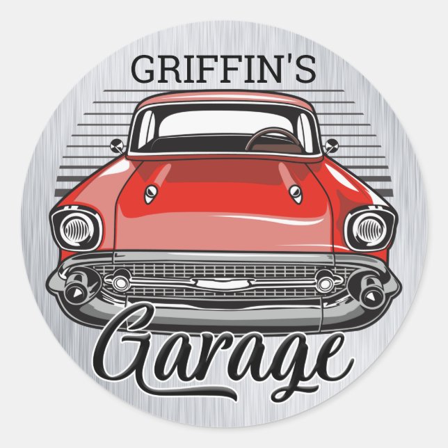 Personalised NAME Retro Red Classic Car Garage Round Sticker (Front)