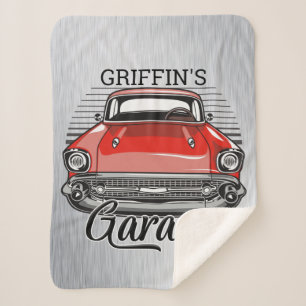 Personalised NAME Retro Red Classic Car Garage Sherpa Blanket