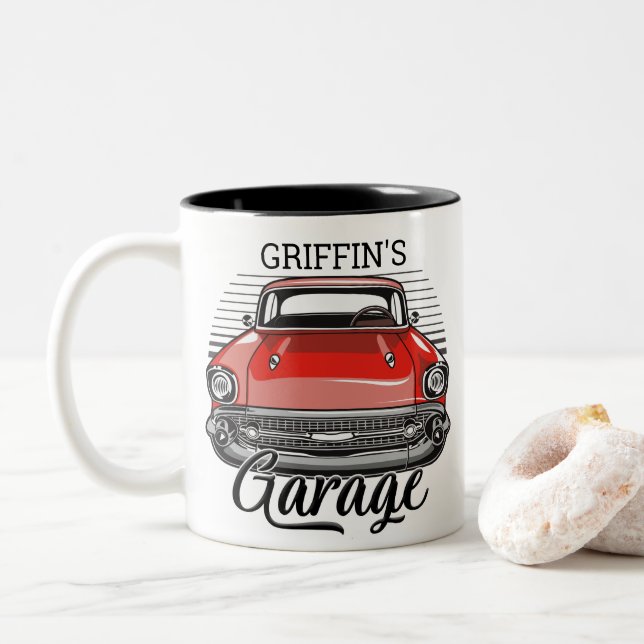 Personalised NAME Retro Red Classic Car Garage Two-Tone Coffee Mug (With Donut)