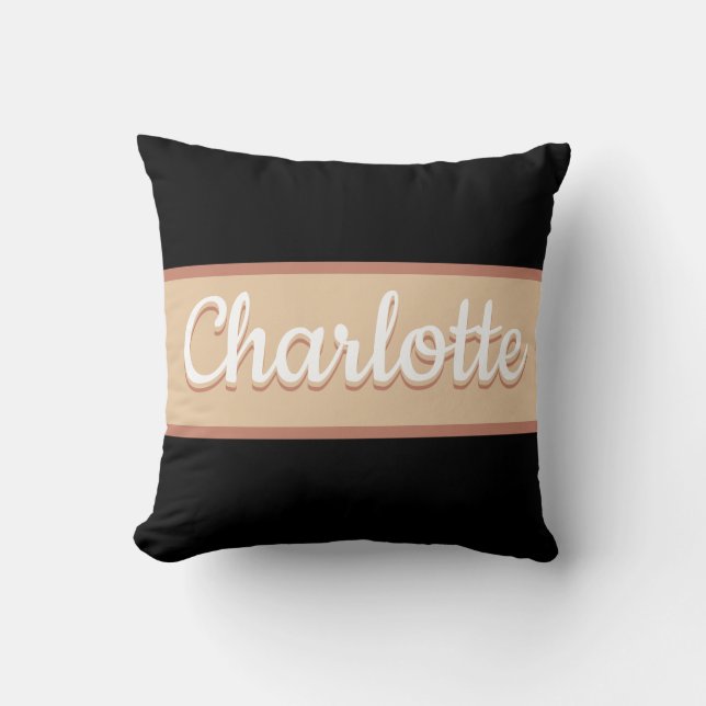Personalised Name Retro Stripe Beige Black Cushion (Front)