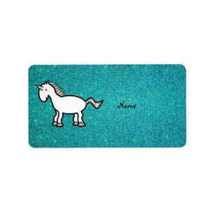 Personalised name retro unicorn turquoise glitter label