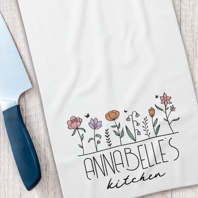 Personalised Name Retro Wildflowers Tea Towel (Creator Uploaded)