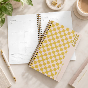 Personalised Name Retro Yellow Preppy Chequerboard Planner