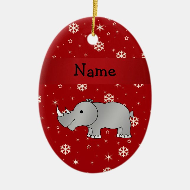 Personalised name rhino red snowflakes ceramic tree decoration (Front)