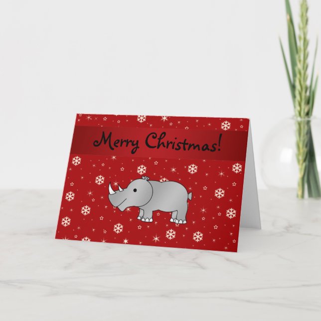 Personalised name rhino red snowflakes holiday card (Front)