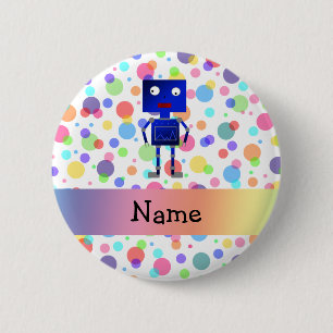 Personalised name robot rainbow polka dots 6 cm round badge