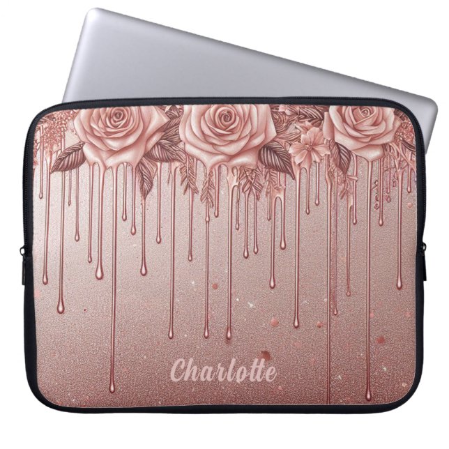 Personalised Name Rose Gold Dripping Glitter Laptop Sleeve (Front)