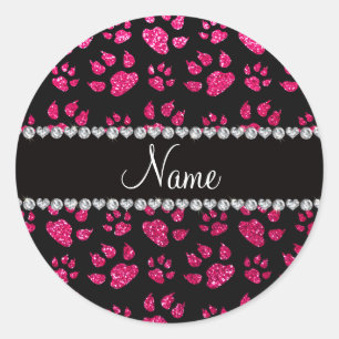 Personalised name rose pink glitter cat paws classic round sticker
