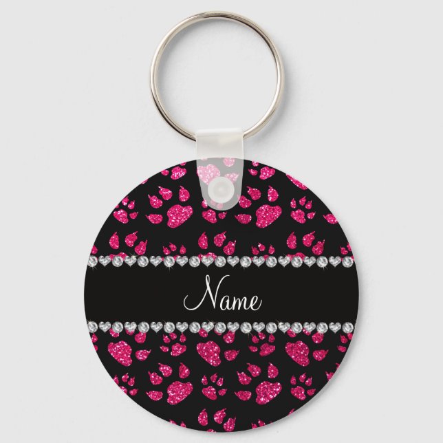 Personalised name rose pink glitter cat paws key ring (Front)
