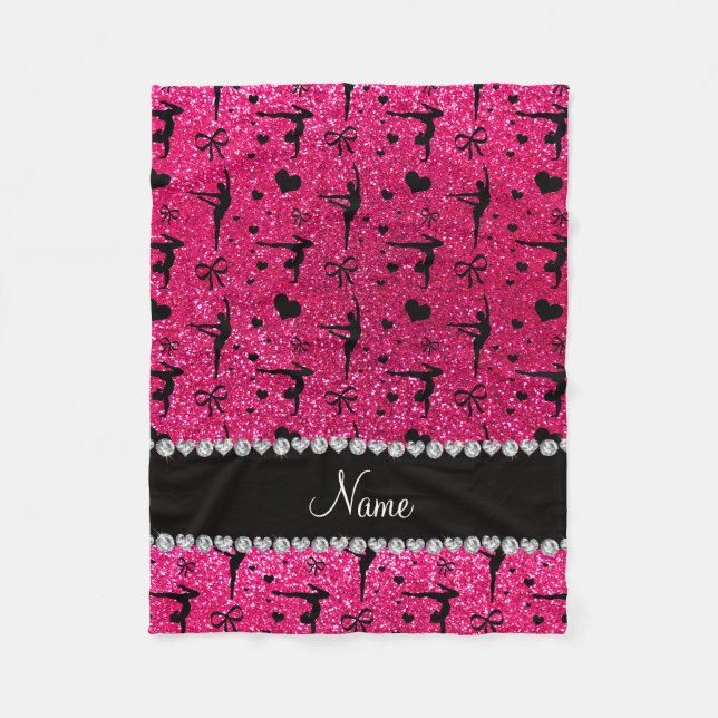Personalised name rose pink glitter gymnastics fleece blanket (Front)