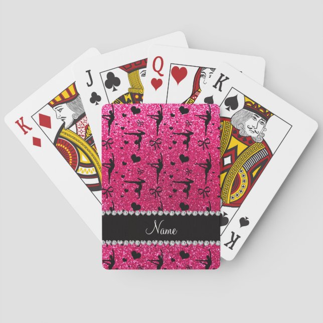 Personalised name rose pink glitter gymnastics playing cards (Back)