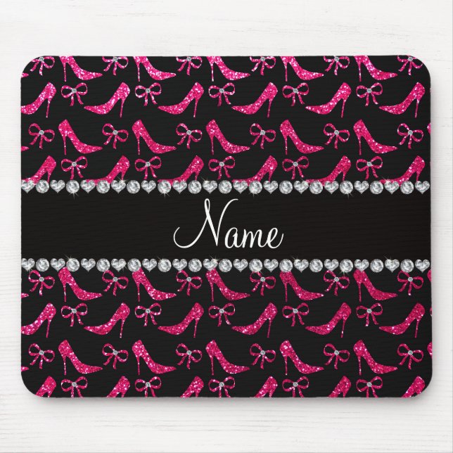 Personalised name rose pink glitter high heels bow mouse pad (Front)