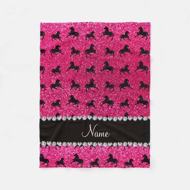 Personalised name rose pink glitter horses fleece blanket (Front)