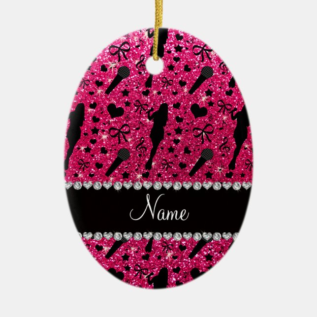 Personalised name rose pink glitter singer ceramic ornament (Front)