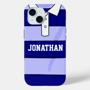 personalised name rugby jersey blue hoops iPhone 15 case