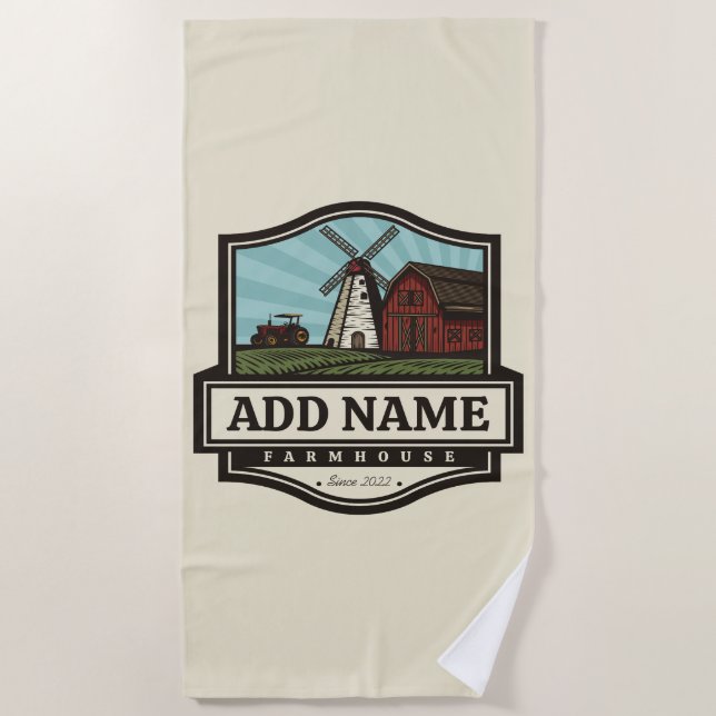 Personalised NAME Rustic Farmhouse Old Windmill  Beach Towel (Front)