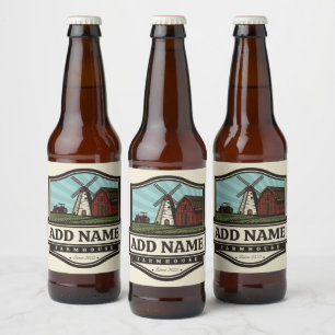 Personalised NAME Rustic Farmhouse Old Windmill Beer Bottle Label