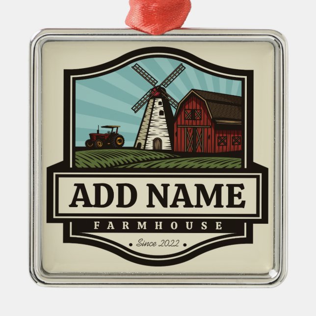 Personalised NAME Rustic Farmhouse Old Windmill  Metal Ornament (Front)