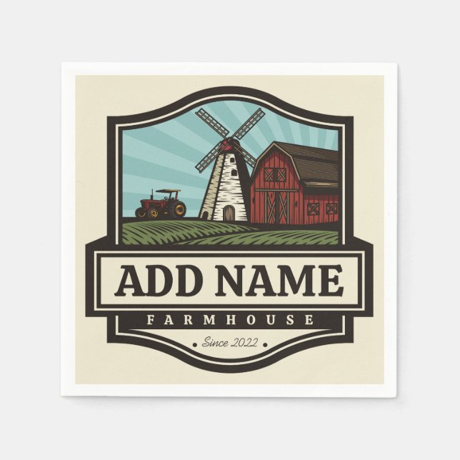Personalised NAME Rustic Farmhouse Old Windmill Napkin (Front)