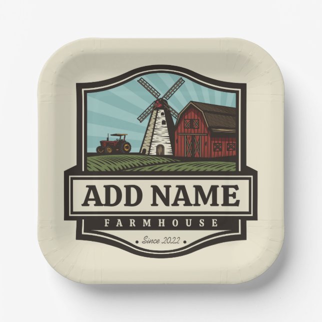 Personalised NAME Rustic Farmhouse Old Windmill Paper Plate (Front)