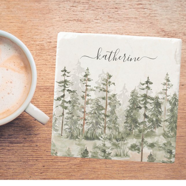 Personalised Name Rustic Green Pine Forest Pinery Stone Coaster (In situ)