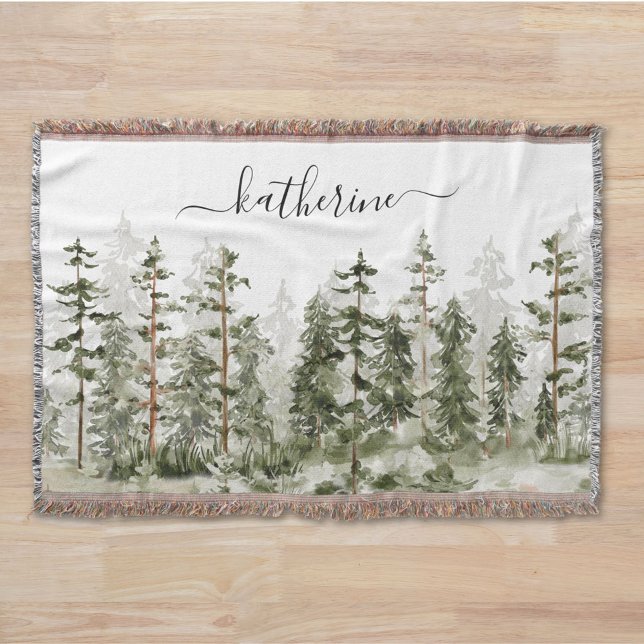 Personalised Name Rustic Green Pine Forest Pinery Throw Blanket (In situ)