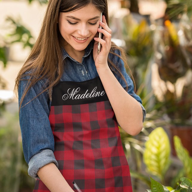 Personalised Name Rustic Red Buffalo Plaid Apron (Customize to change text size or text style.)