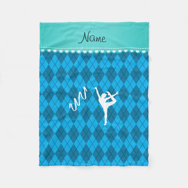 Personalised name rythmic gymnast blue argyle fleece blanket (Front)