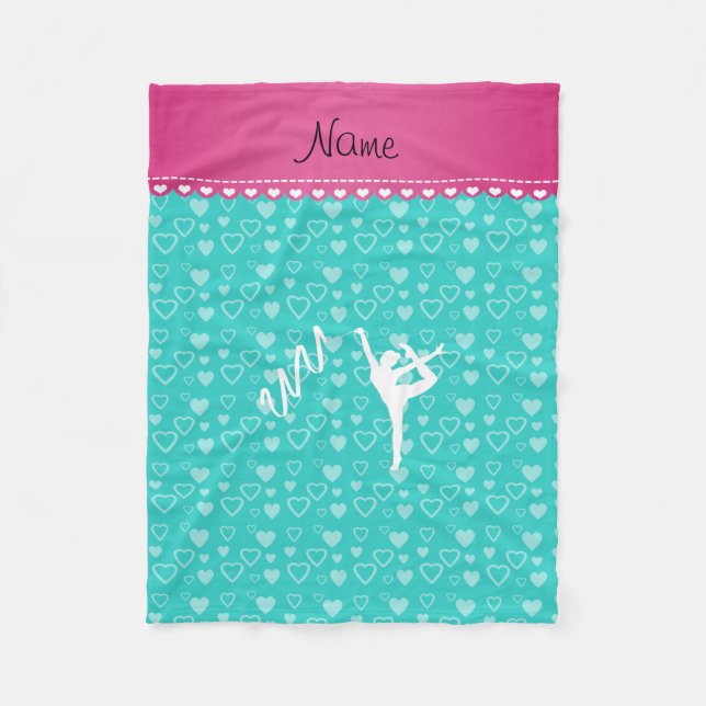 Personalised name rythmic gymnast turquoise hearts fleece blanket (Front)
