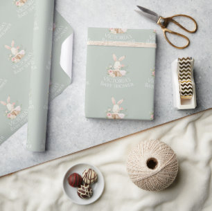 Personalised Name Sage Green Bunny Baby Shower Wrapping Paper
