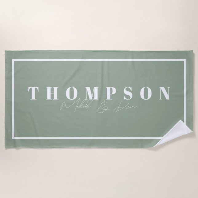 Personalised Name Sage Green Elegant Beach Towel (Front)
