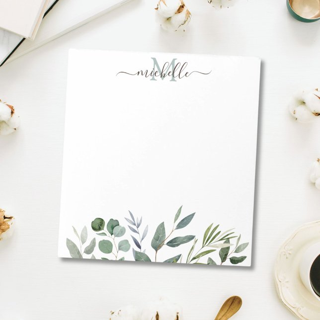 Personalised Name Sage Green Eucalyptus Leaves   Notepad (In situ)