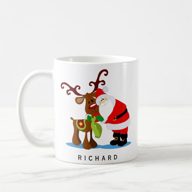Personalised Name Santa and Reindeer Christmas Coffee Mug (Left)