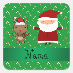 Personalised name santa green candy canes square sticker
