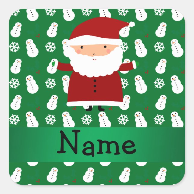 Personalised name santa green snowman square sticker (Front)