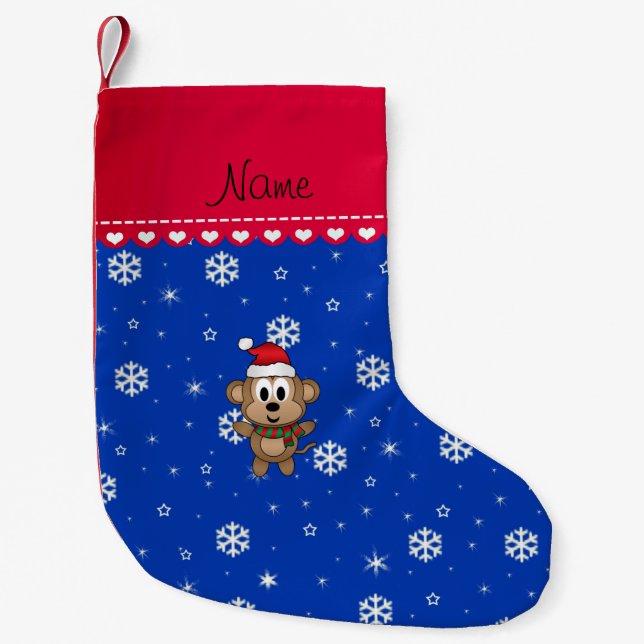 Personalised name santa monkey blue snowflakes small christmas stocking (Front)