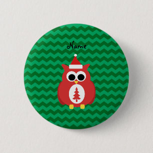 Personalised name santa owl green chevrons 6 cm round badge