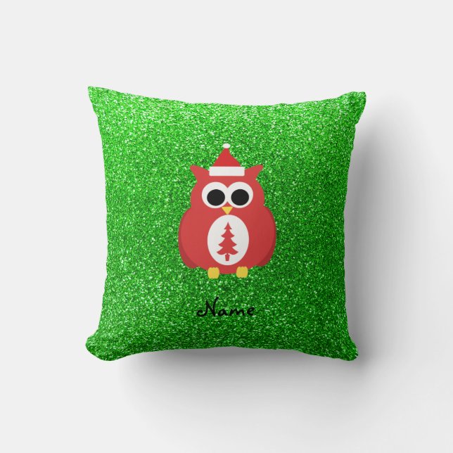 Personalised name santa owl green glitter cushion (Front)