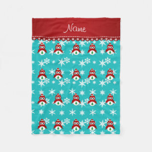 Personalised name santa owl turquoise snowflakes fleece blanket