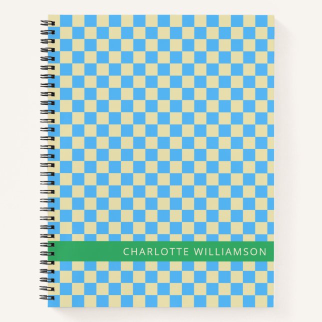Personalised Name School Retro Chequerboard Blue Notebook (Front)