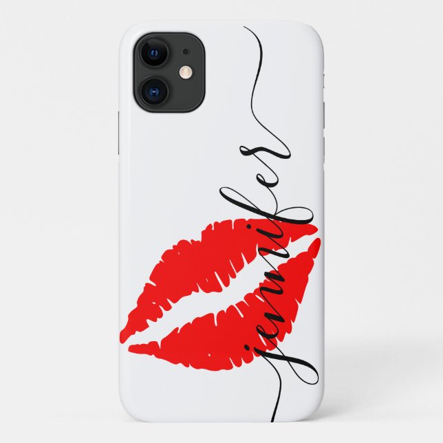 Personalised Name, Script-Red Lips, White/Black Case-Mate iPhone Case (Back)
