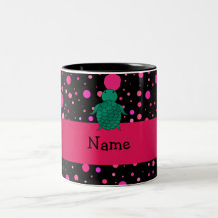 Personalised name sea turtle black pink polka dots Two-Tone coffee mug