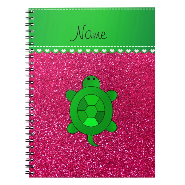 Personalised name sea turtle rose pink glitter notebook (Front)
