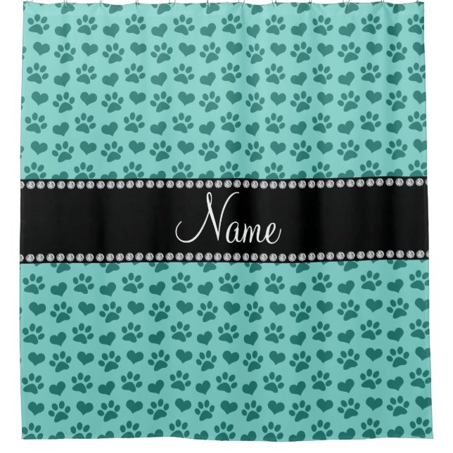 Personalised name seafoam green hearts and paws shower curtain (Front)
